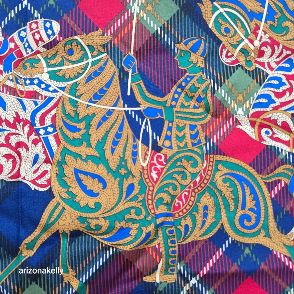 Vintage Carlisle Silk Scarf Plaid Polo Horses Equestrian Hand Rolled Preppy - Picture 9 of 9